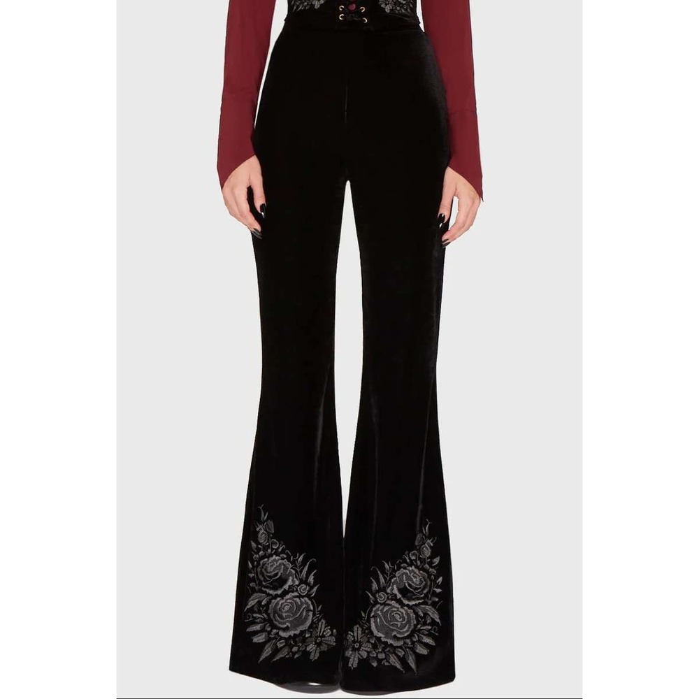 Killstar A Devils Rose Flare Pants Black Velvet Embroidered Floral Gothic